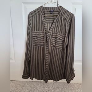 a.n.a Women's Army Green With Black Striped Long Sleeve Dress Blouse.